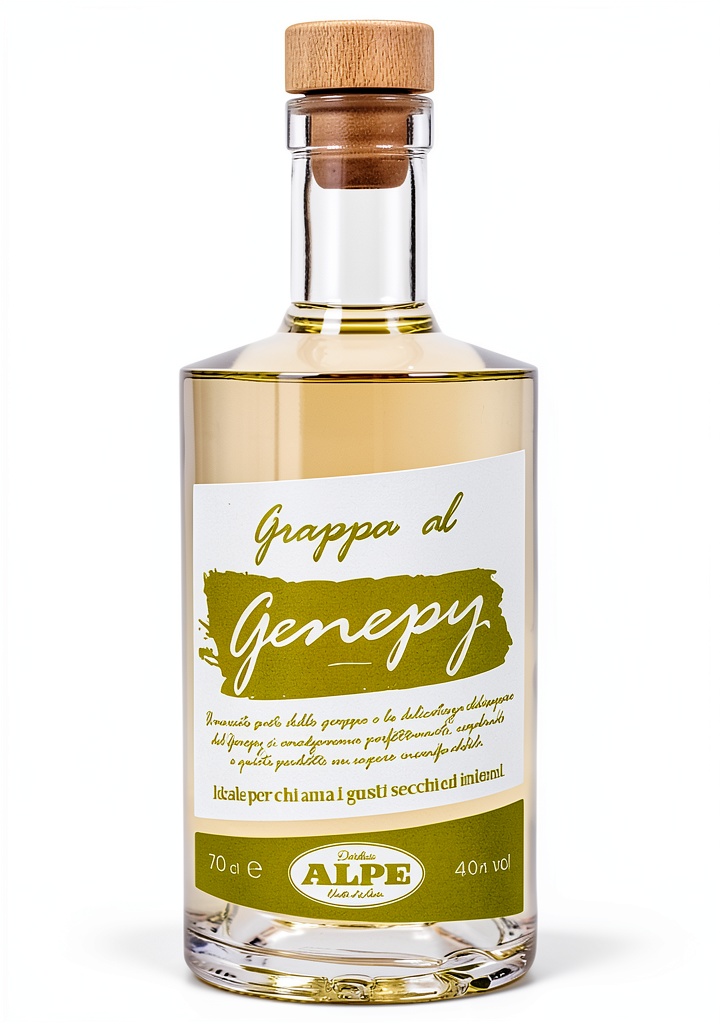 'Grappa al Genepy Valle d'Aosta Alpe in bottiglia da 700 ml su sfondo rustico'
