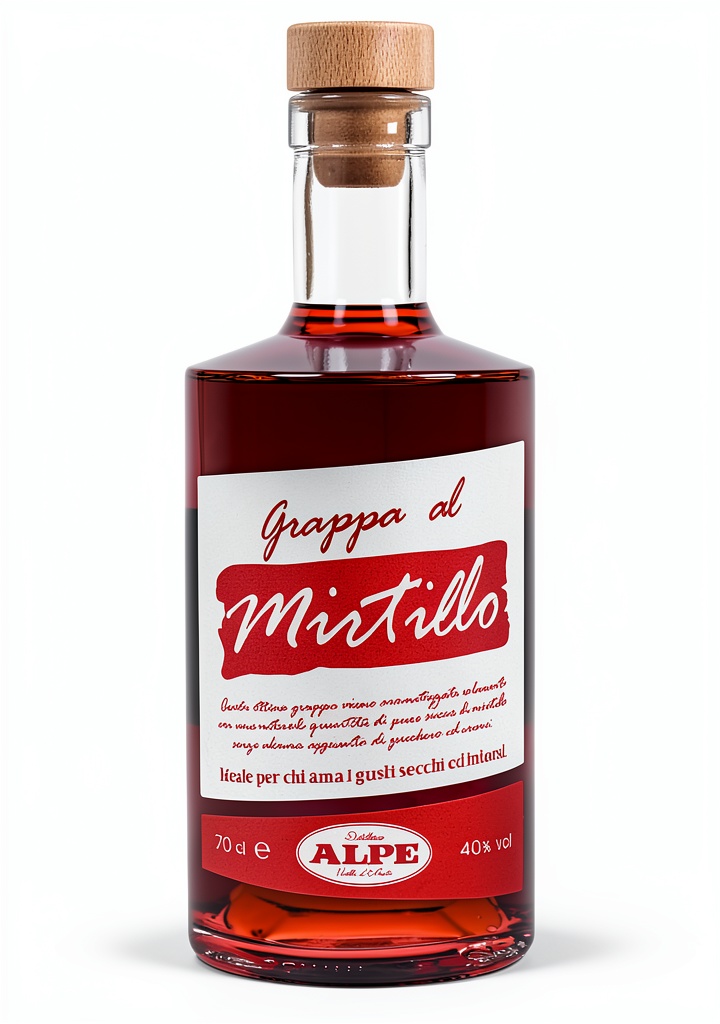 'Grappa al Mirtillo Alpe Valle dAosta in bottiglia da 700 ml su sfondo rustico'