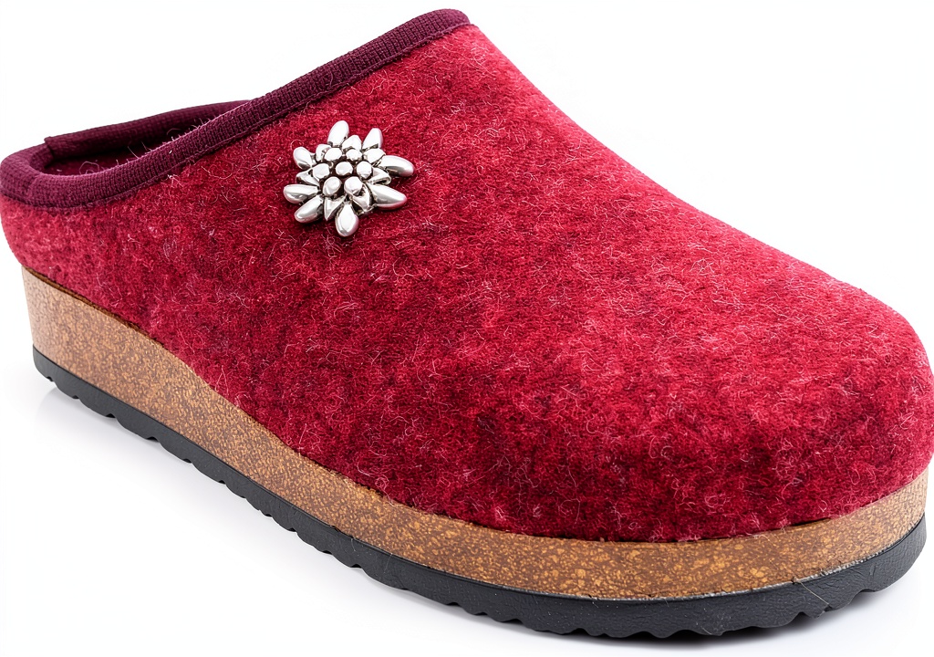 Pantofole Bio Alpes in feltro rosso su pavimento in legno